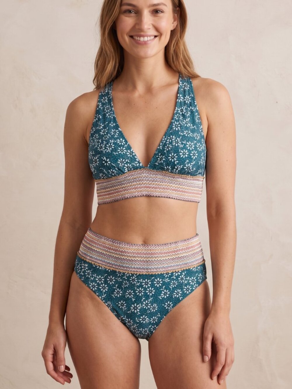 NWT | VIMPUNEC Teal Floral High Waisted Bikini Set Smocked Zig Zag Trim | Small